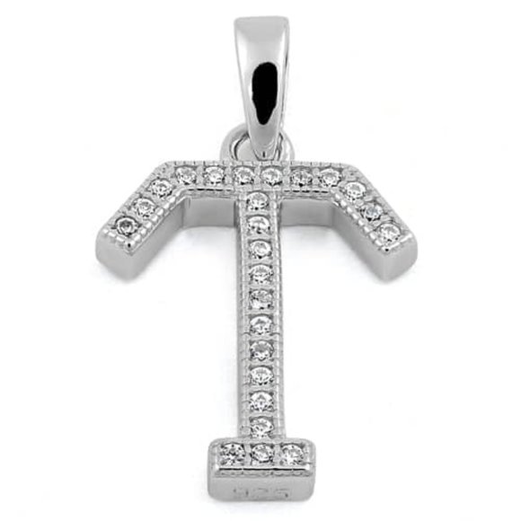 Sterling Silver Letter T CZ Initial Pendant - Picture 1 of 3